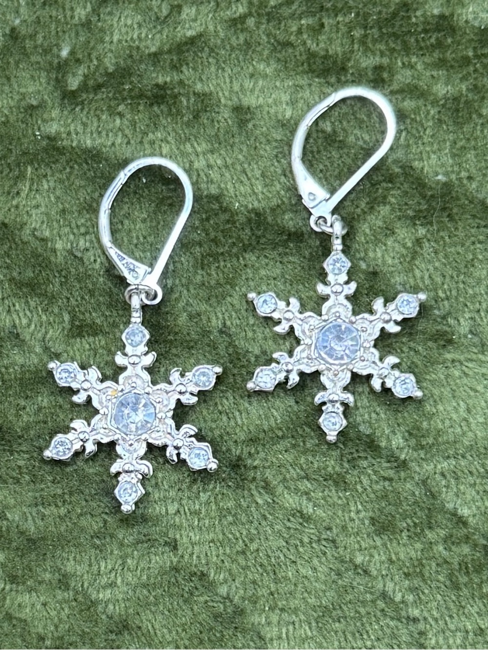 Christopher Radko Signed Silver Snowflake Crystal Dangle Earrings